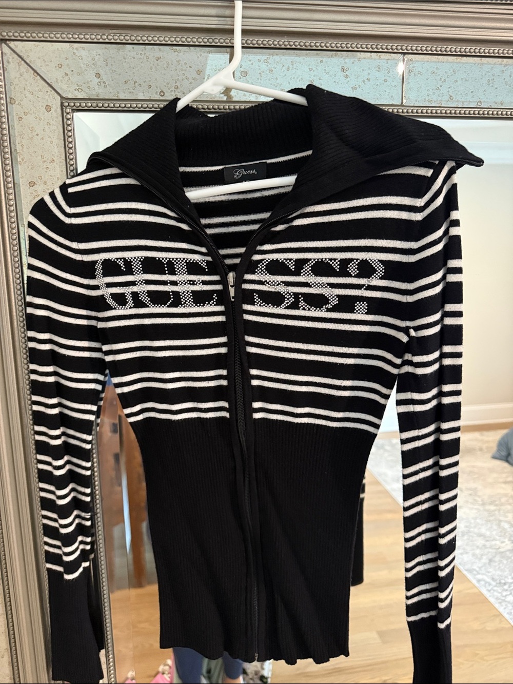 Guess Black & White Striped Zip Cardigan with Rhinestone Logo